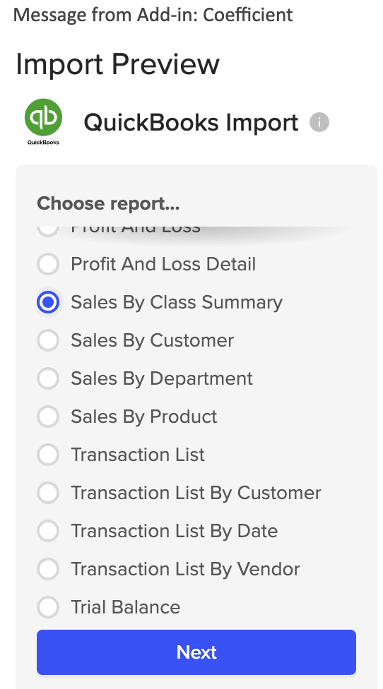 selecting quickbooks report to import into Excel