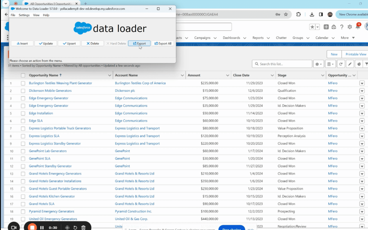 Selecting a target location on the computer to save the Salesforce exported data file.