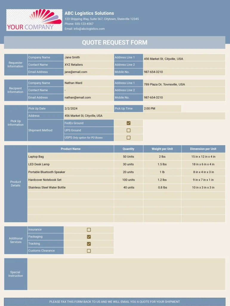 shipping quote request form template