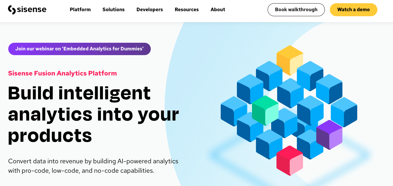 Highlight of Sisense's homepage, portraying its comprehensive BI capabilities and In-Chip technology for rapid data processing and real-time insights.