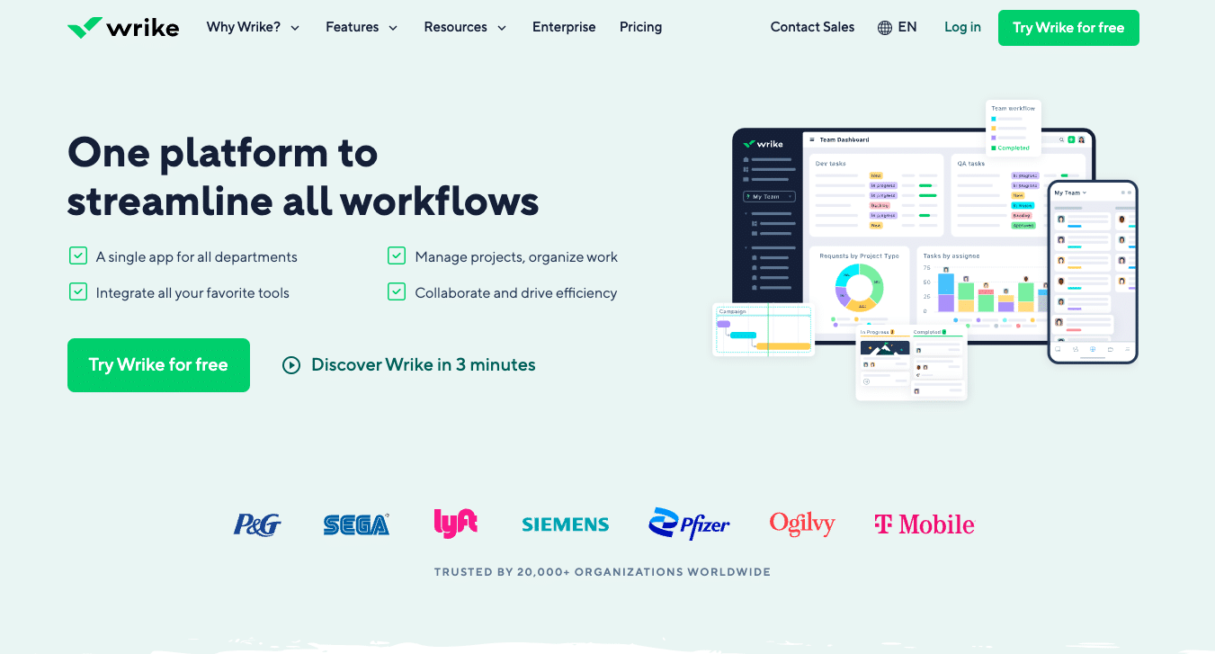 Wrike platform demonstrating its capability for custom workflows and detailed project reporting.