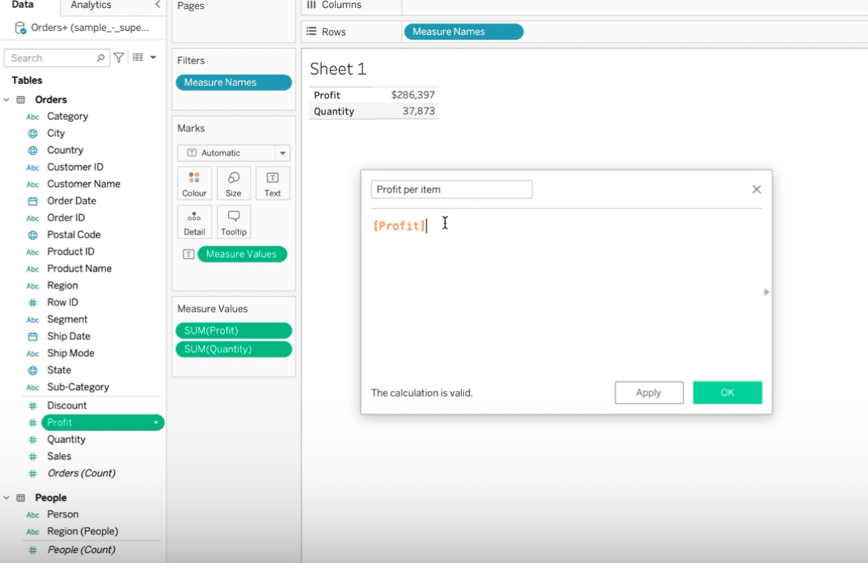 Creating a calculated field named 'Profit per Item' with a formula in Tableau.