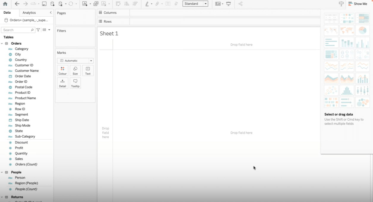 Initial view in Tableau showing available fields including Profit and Quantity.