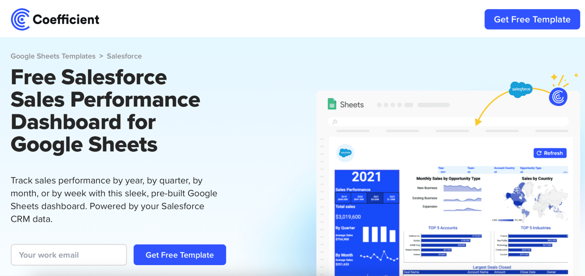 Entering a work email at Coefficient.io for accessing a free template.