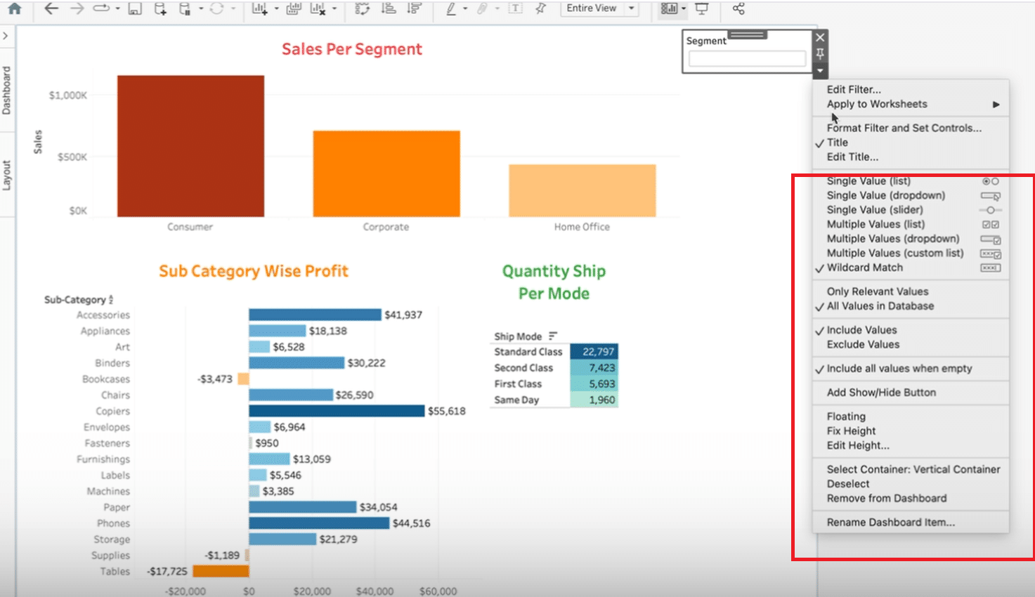 Adding slicers directly to a chosen visual in Tableau through 'more options' and then 'filters'.
