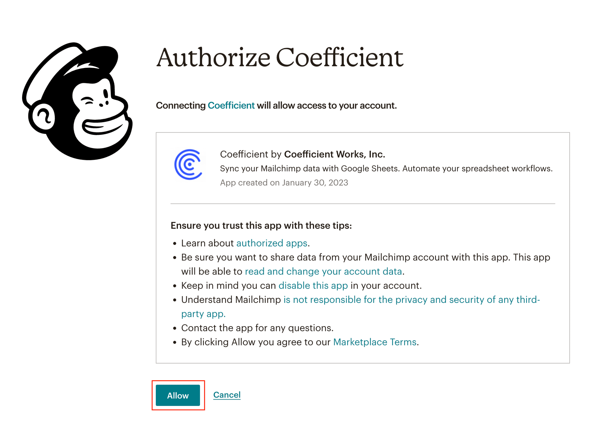 Clicking "Allow" to authorize Coefficient's access, then returning to Excel.