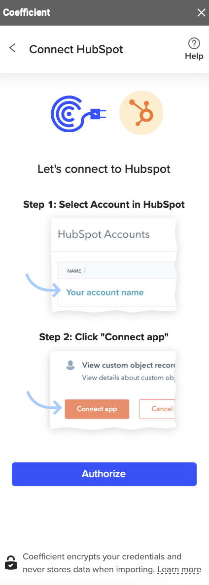 Following authorization prompts to connect Coefficient to a HubSpot account.