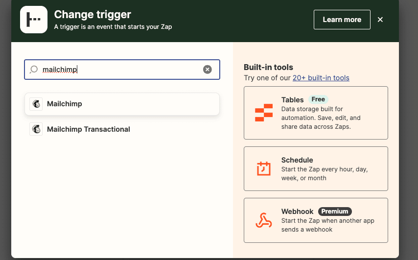 Selecting Mailchimp as the trigger for a new Zap workflow.