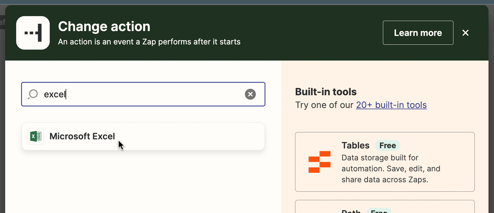 Choosing Microsoft Excel Online as the action app in the Zap