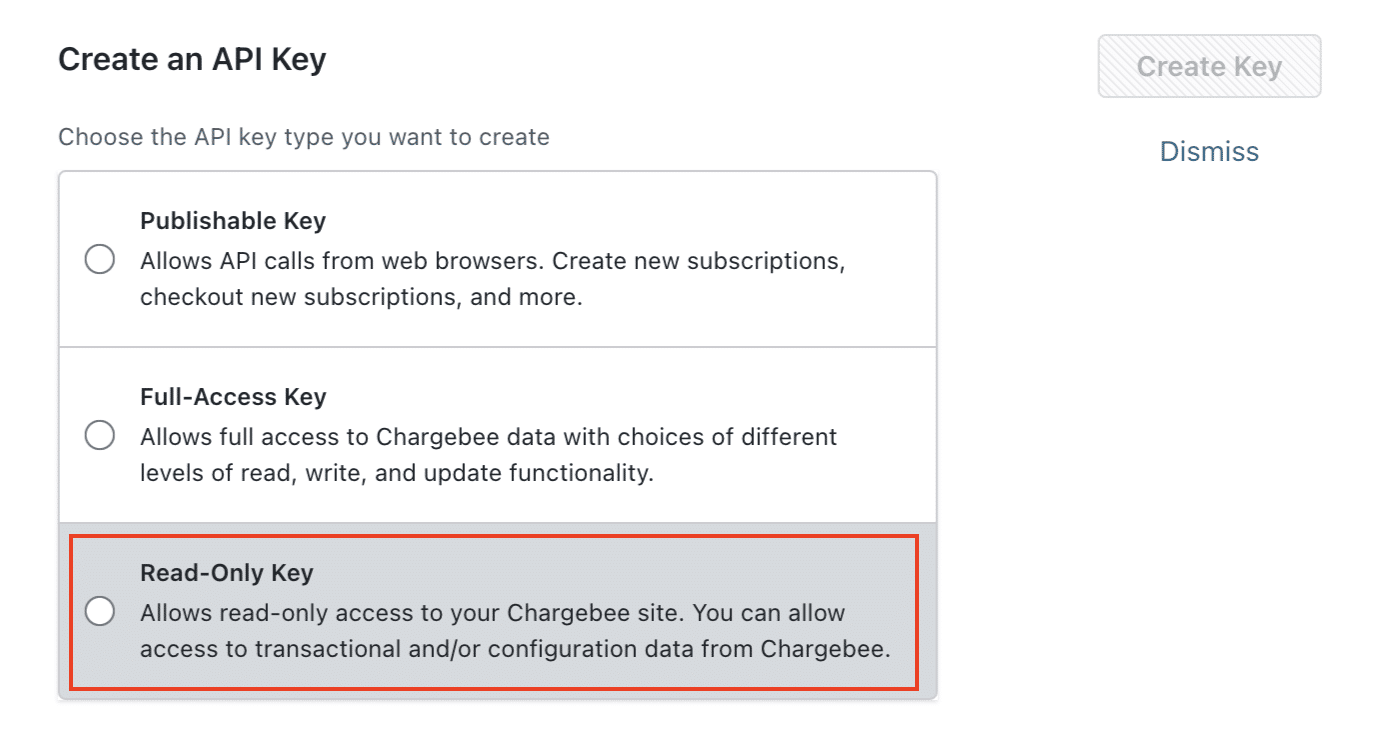 Choosing 'Read-Only Key' for secure Chargebee data access