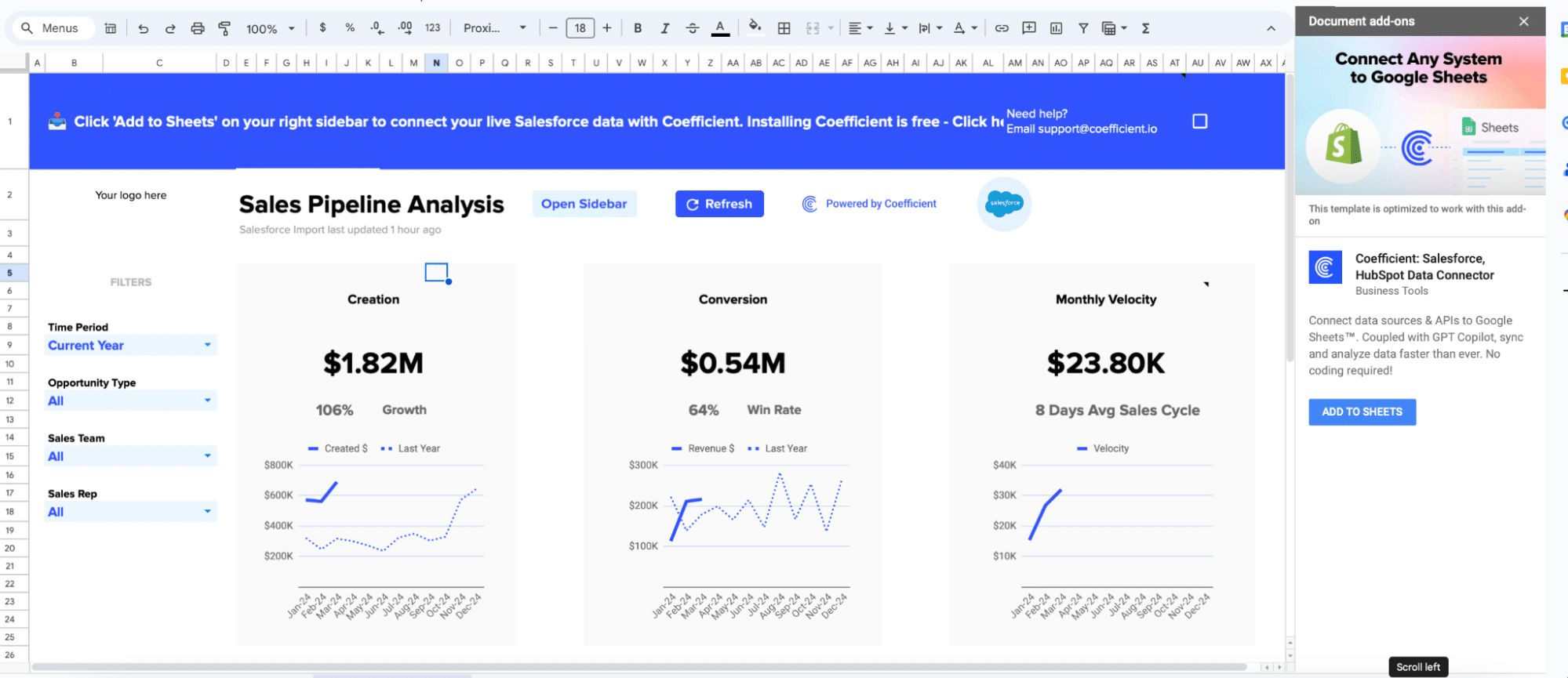 Coefficient opens in a new Google Sheets spreadsheet after template selection.