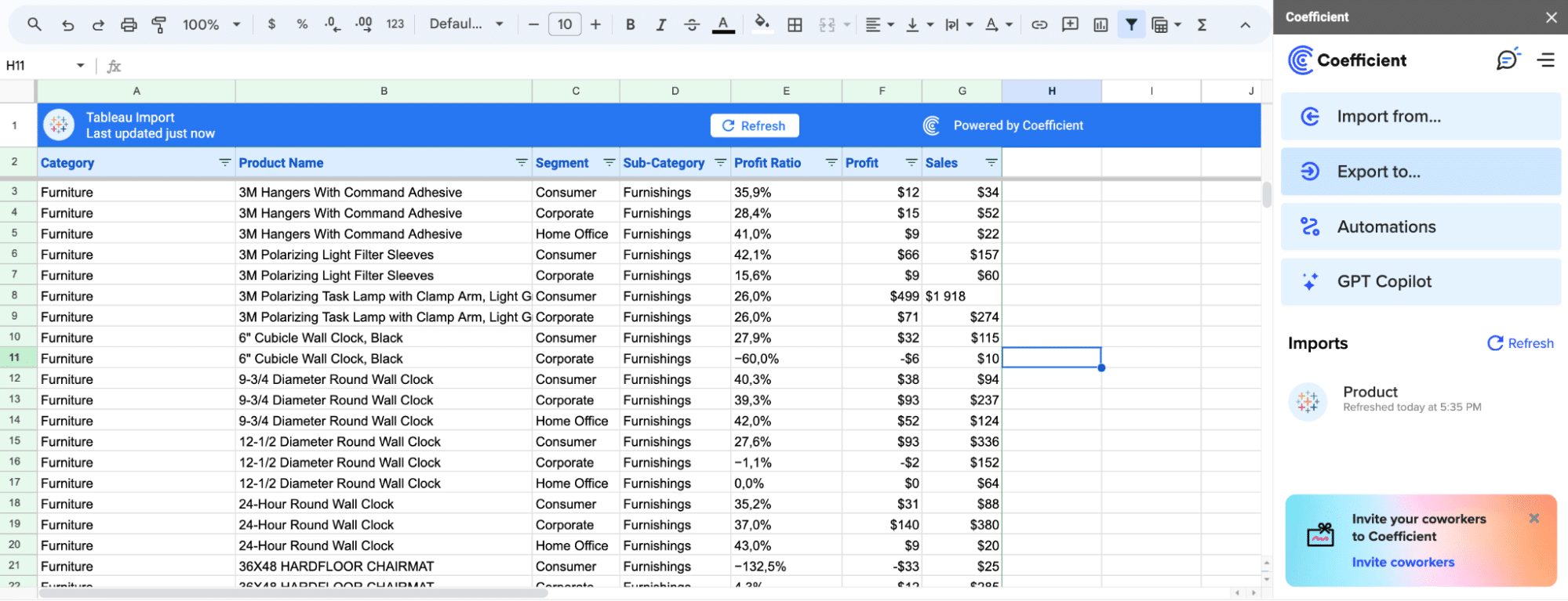 Coefficient automatically updates spreadsheet data, enhancing the ease of transforming data for Tableau dashboards.