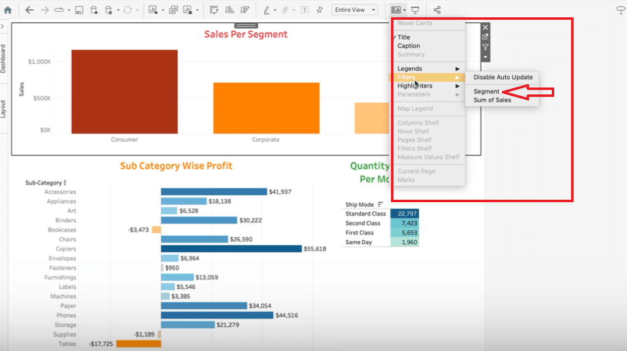 Creating a segment slicer in Tableau by choosing "Segment" from the "Show and Hide Card" > "Filters" menu for one of the visuals.