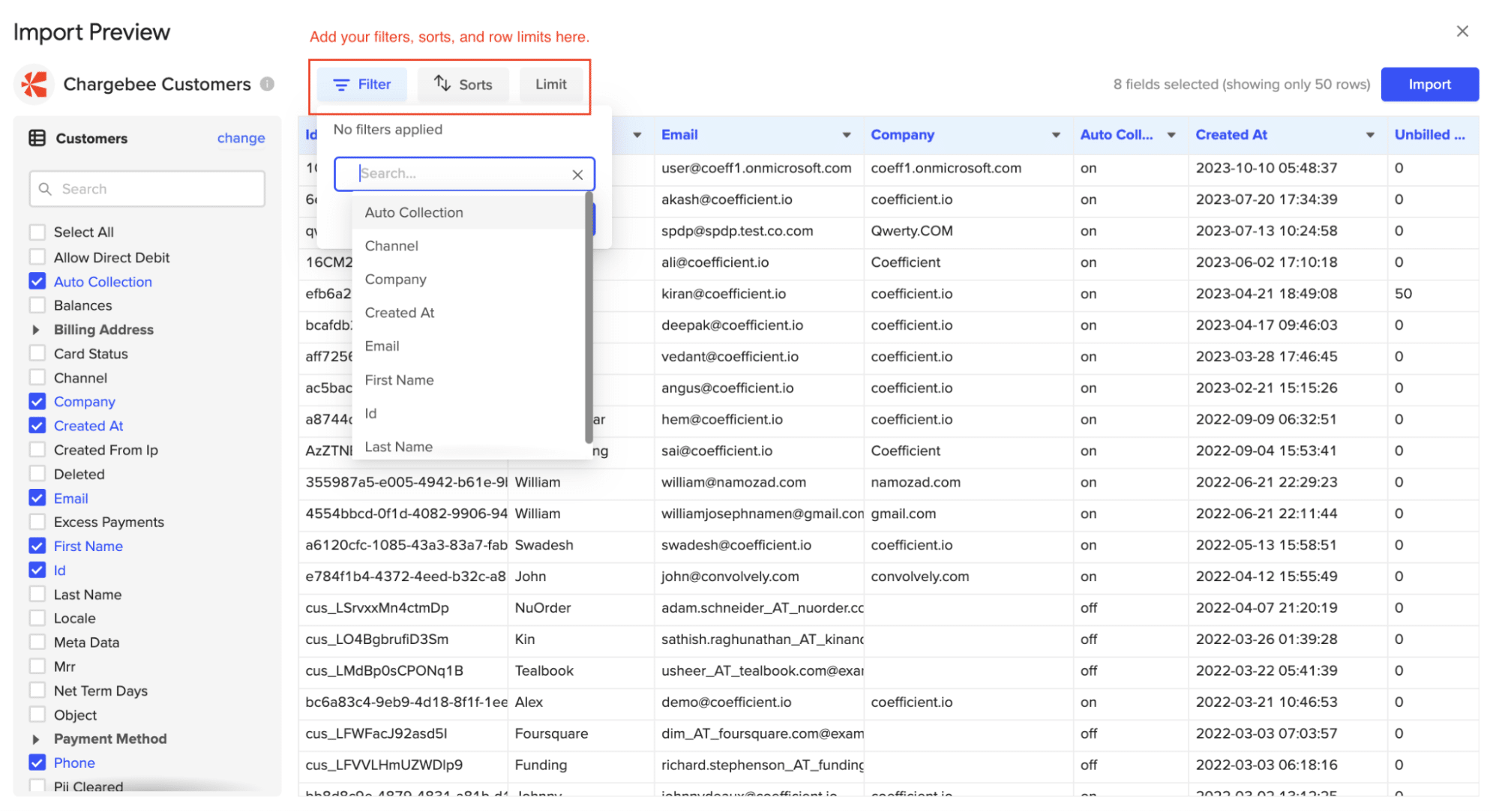 ustomize your import by adding filters, sorts, or limits as needed.