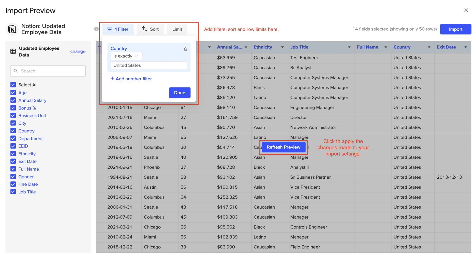 Customizing data import by adding filters and row limits and refreshing preview