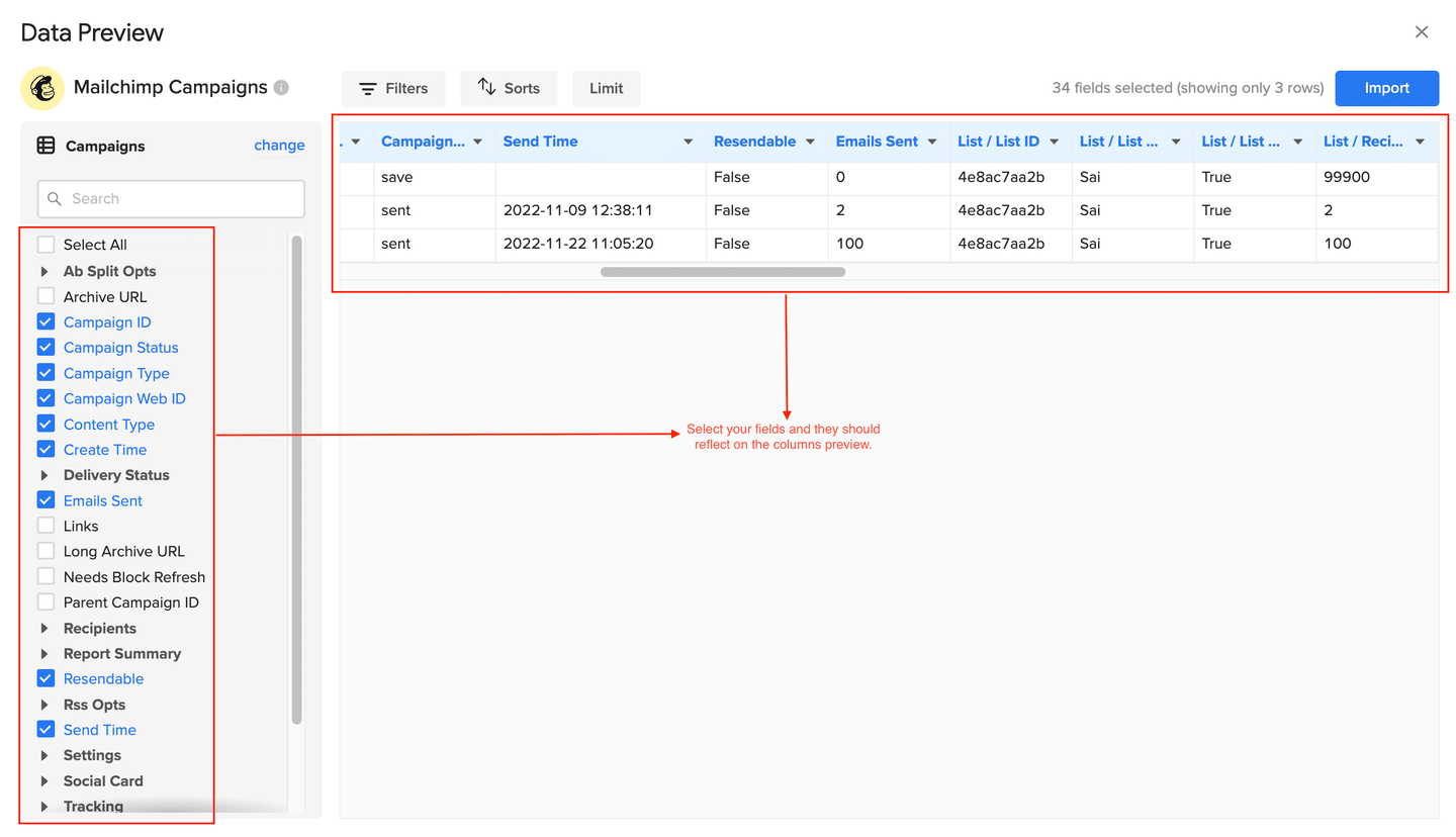 Adding filters, sorts, or limits to the Mailchimp data import setup.