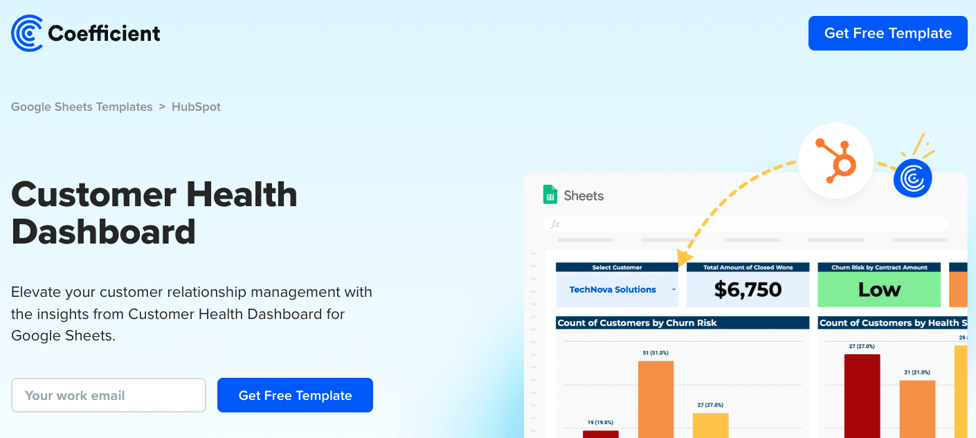 Downloading the Customer Health Score template by entering work email on Coefficient.io.