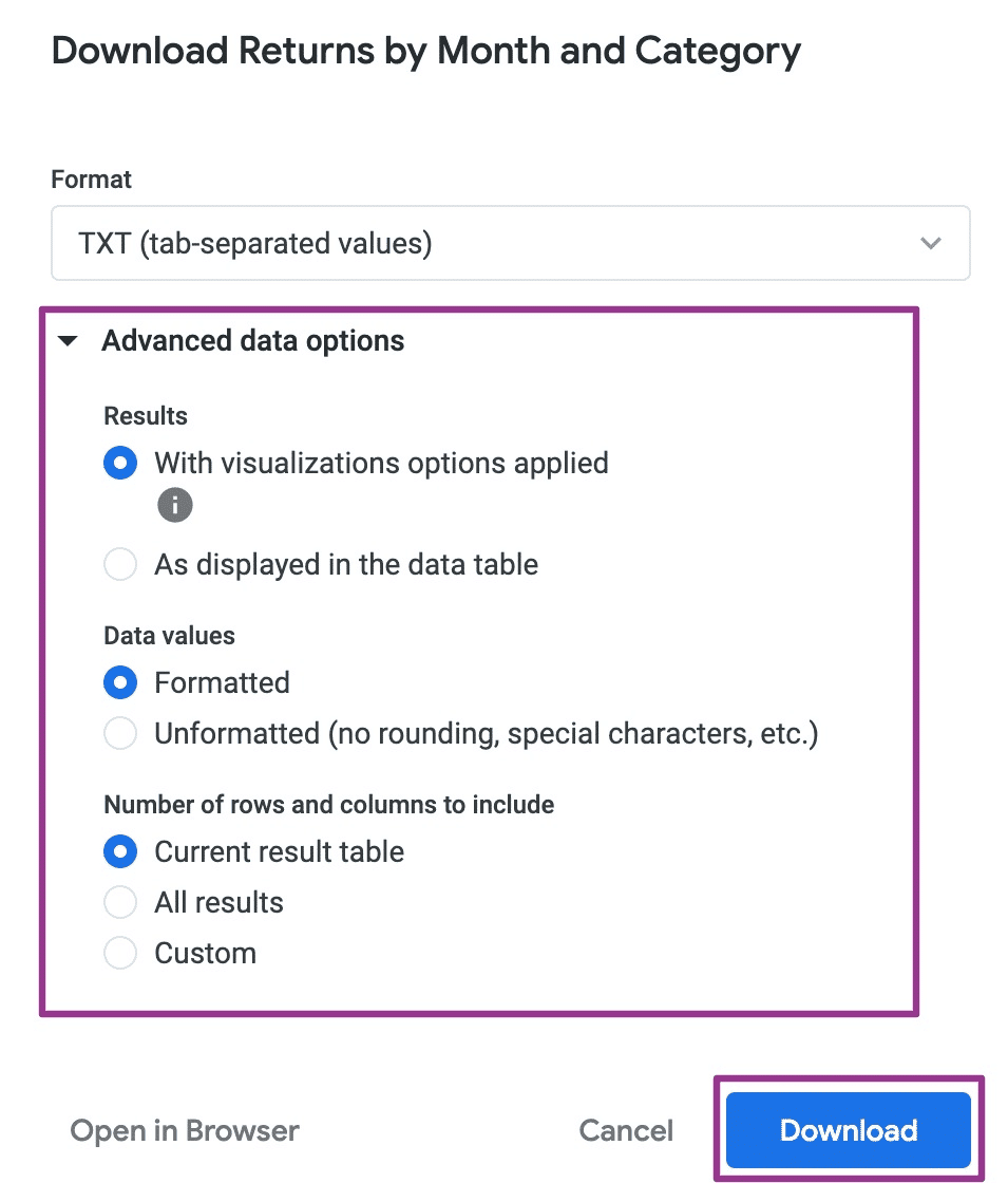 Expanding the Advanced data options menu to explore additional download options