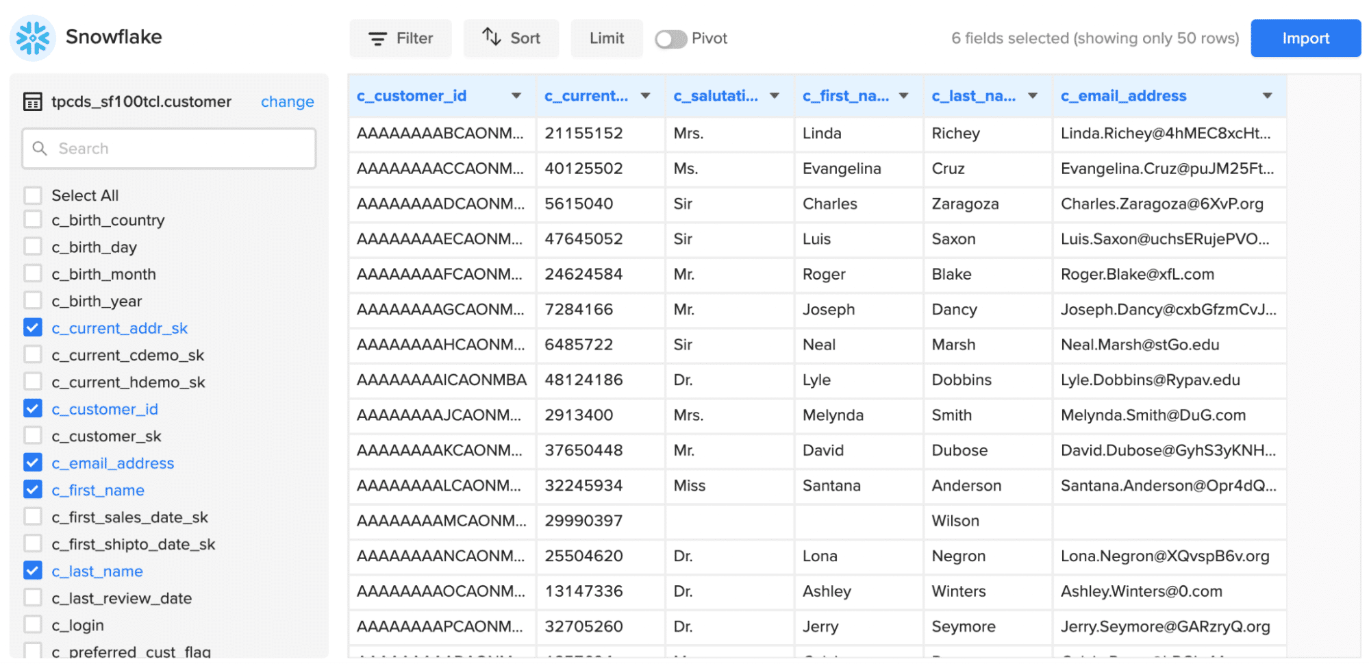 Import Preview Window in Coefficient, illustrating data selection for importing from Snowflake