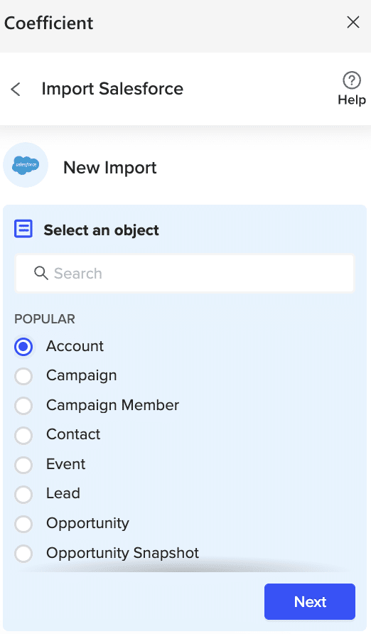 selecting account object in salesforce data source from coefficient excel add-in