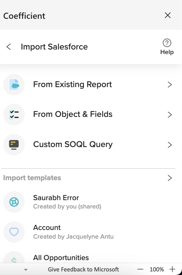 Choosing 'From Objects & Fields' option for Salesforce data import to Excel in Coefficient