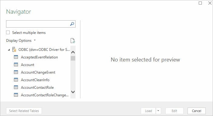 Selecting tables or queries for Salesforce data import via Excel's Query Editor