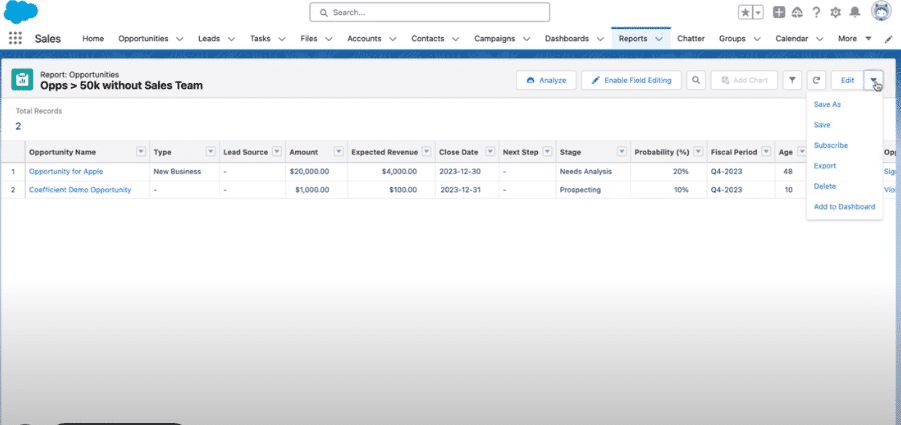 Navigating to Salesforce's Reports tab for data export to Excel