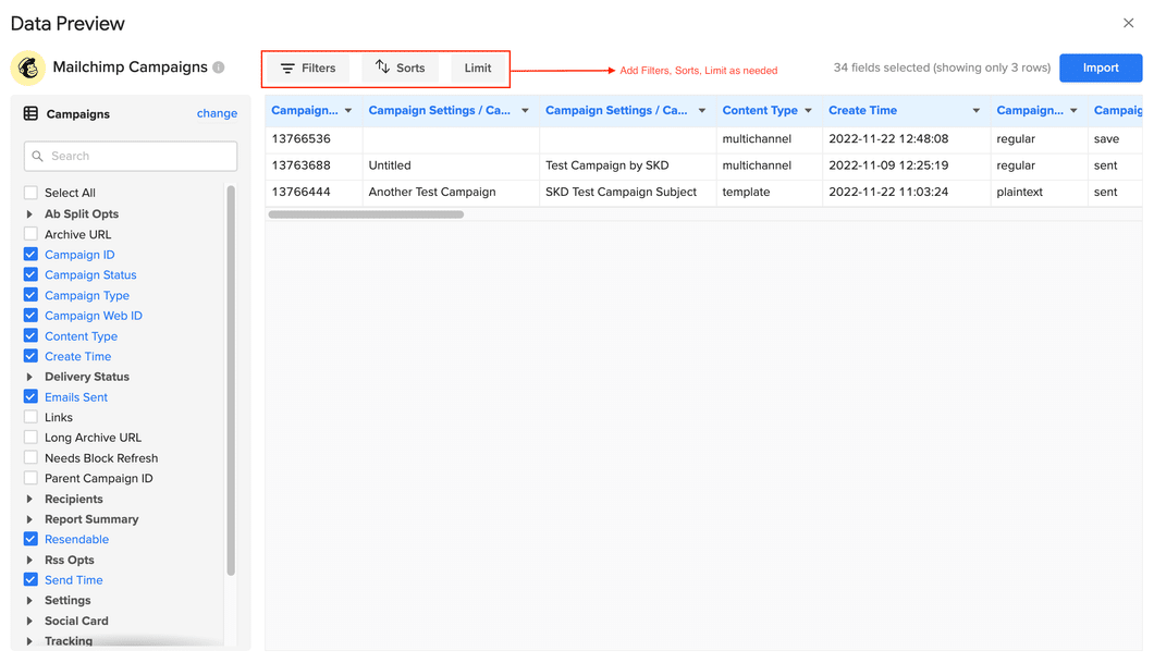Clicking 'Import' to populate Excel spreadsheet with Mailchimp data.