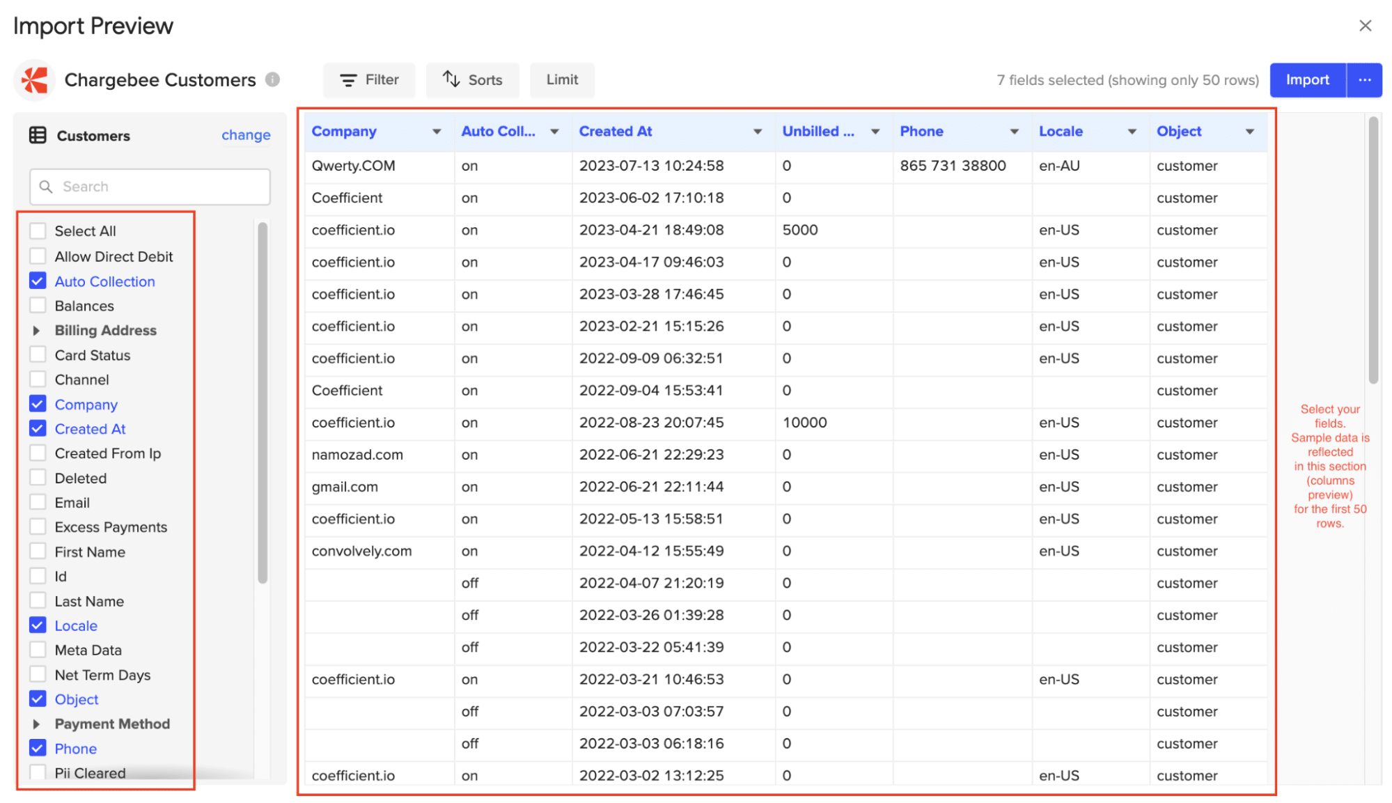 showing off coefficients import preview window