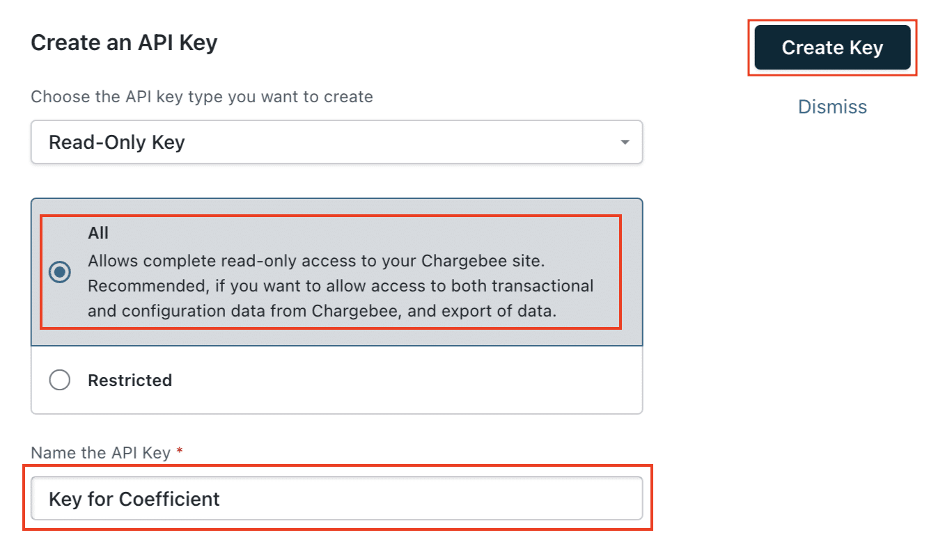 Naming and generating a new API Key for Coefficient in Chargebee