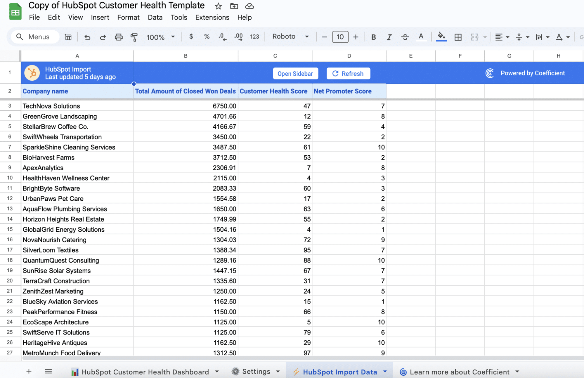 Clicking 'Refresh' in the 'HubSpot Import' tab to update data in Coefficient.
