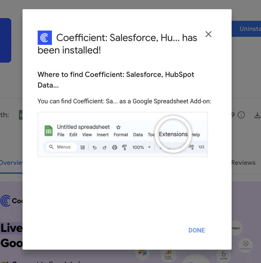 Returning to the Google Sheets spreadsheet after Coefficient installation is complete.