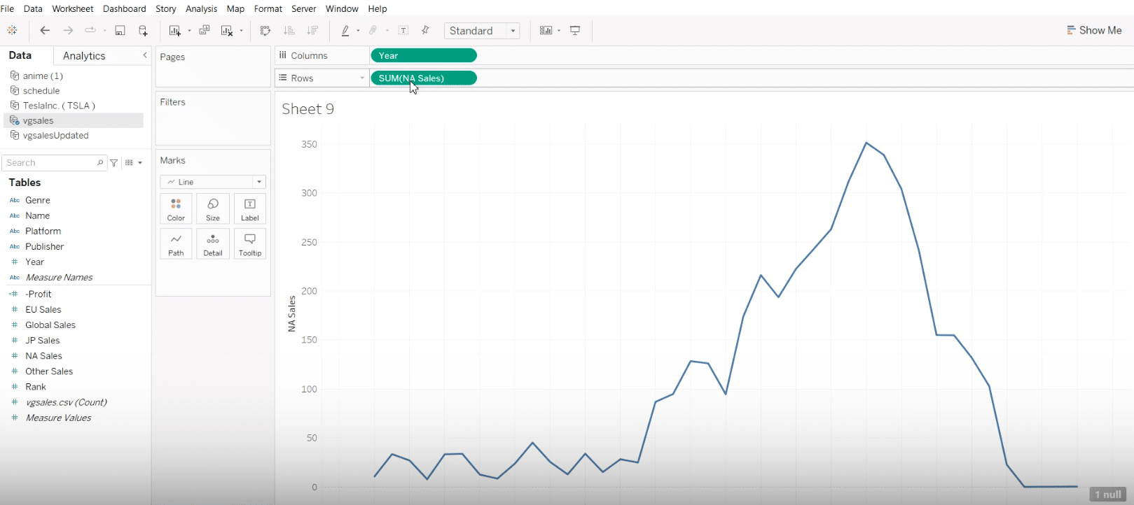 Choosing 'Year' and 'North American Sales' data points in Tableau to visualize time-based sales trends.