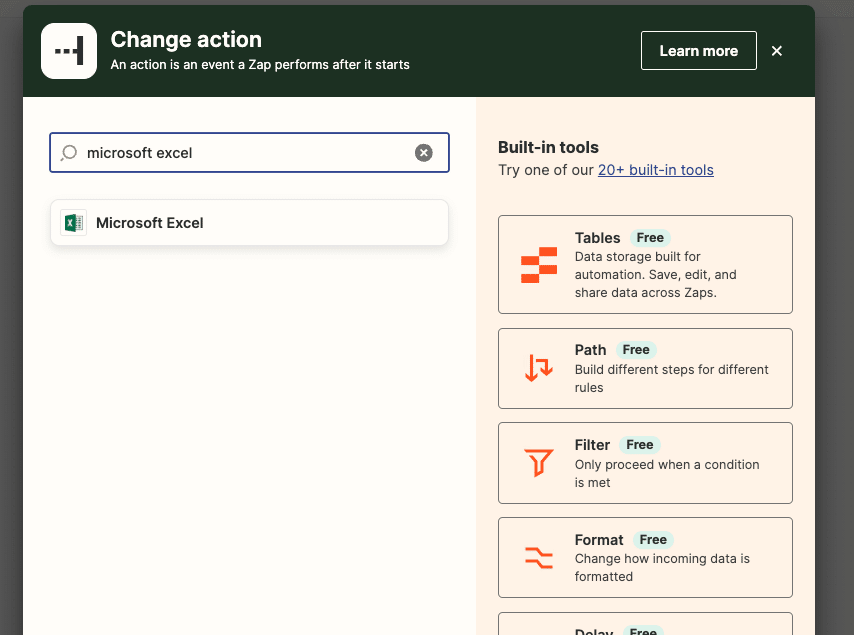 Designating Microsoft Excel for the subsequent action in the Zapier workflow.