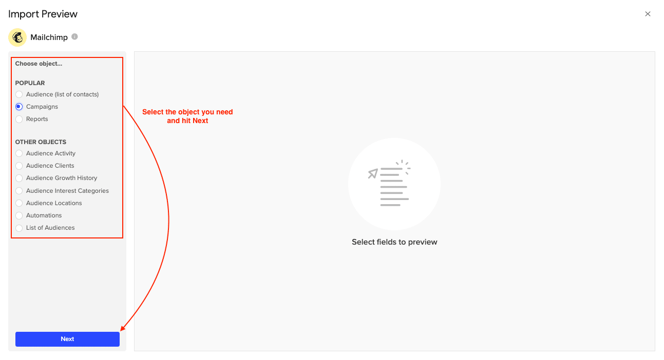 Selecting a data object like "Campaigns" and corresponding fields for import.