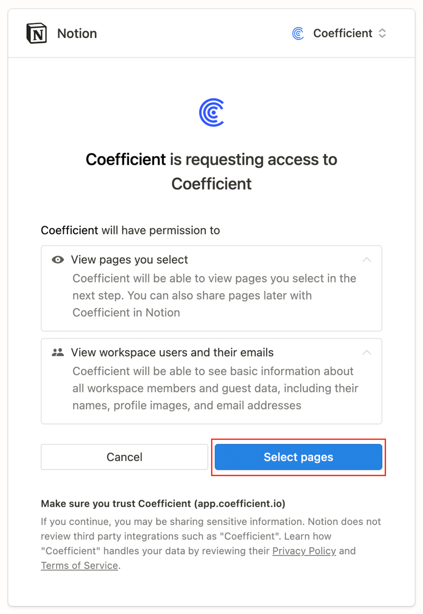 Choosing pages to allow access in Notion for Coefficient