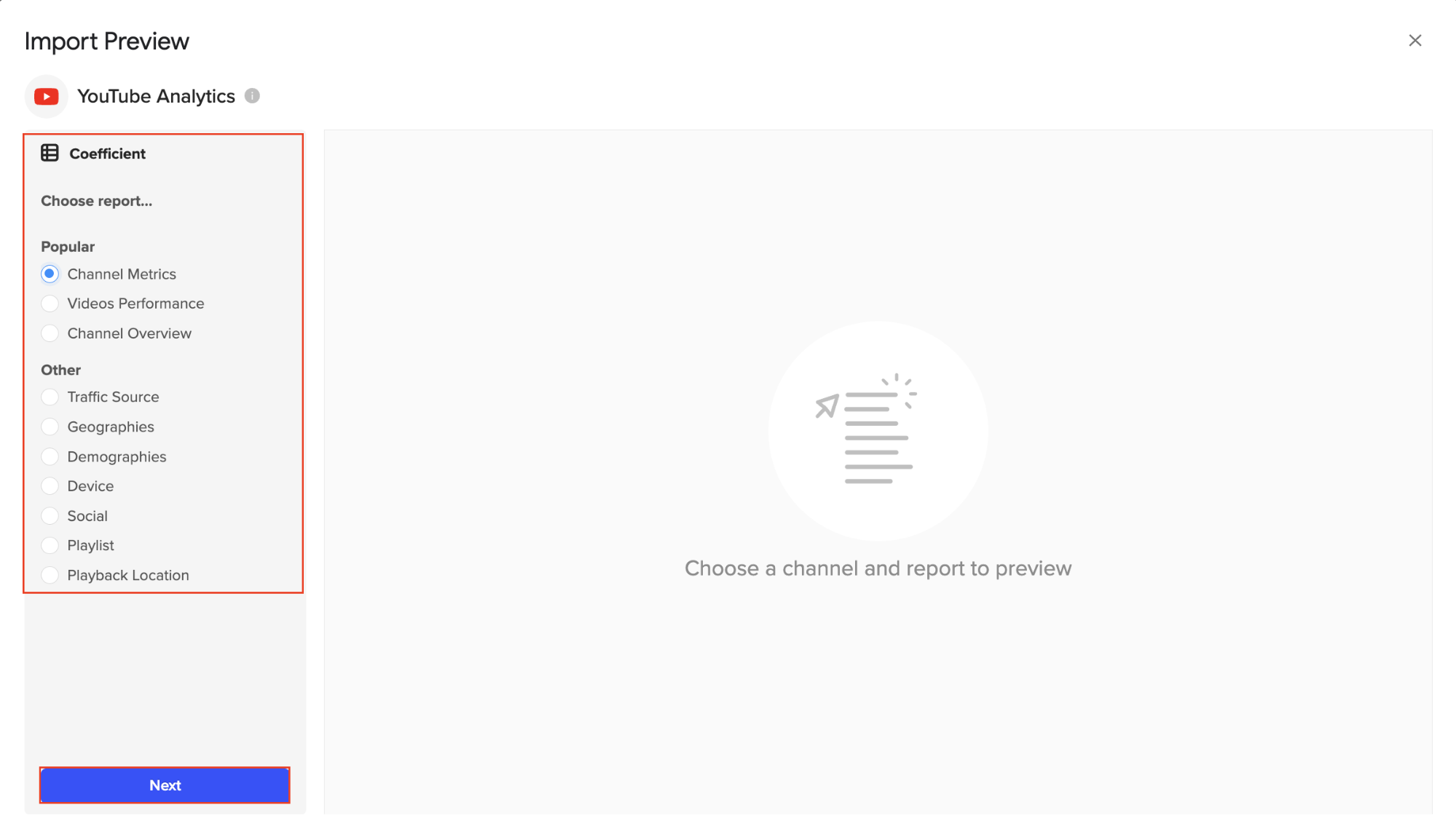 Choosing report types for YouTube data import in Coefficient