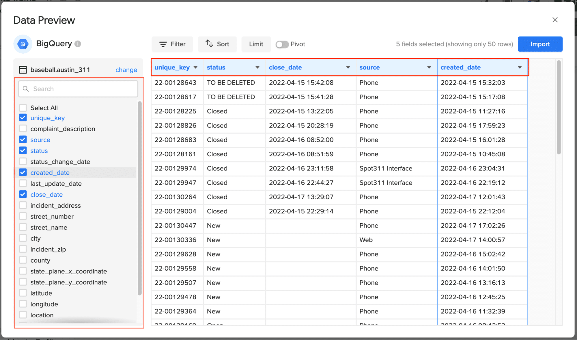 Choosing specific fields from a BigQuery table for import in Coefficient