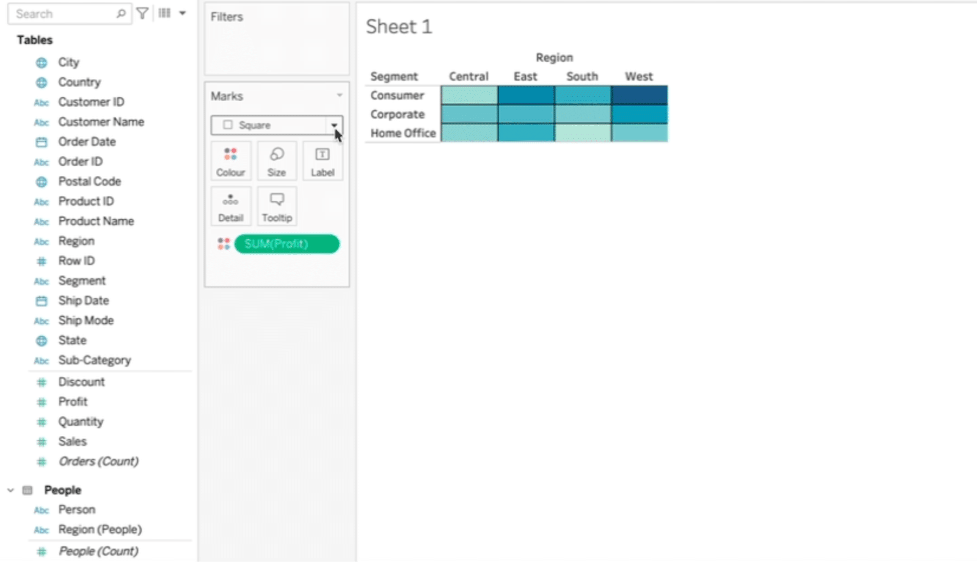 Customizing heat map visual in Tableau by changing shapes, labels, and color schemes through the 'Marks' dropdown menu.