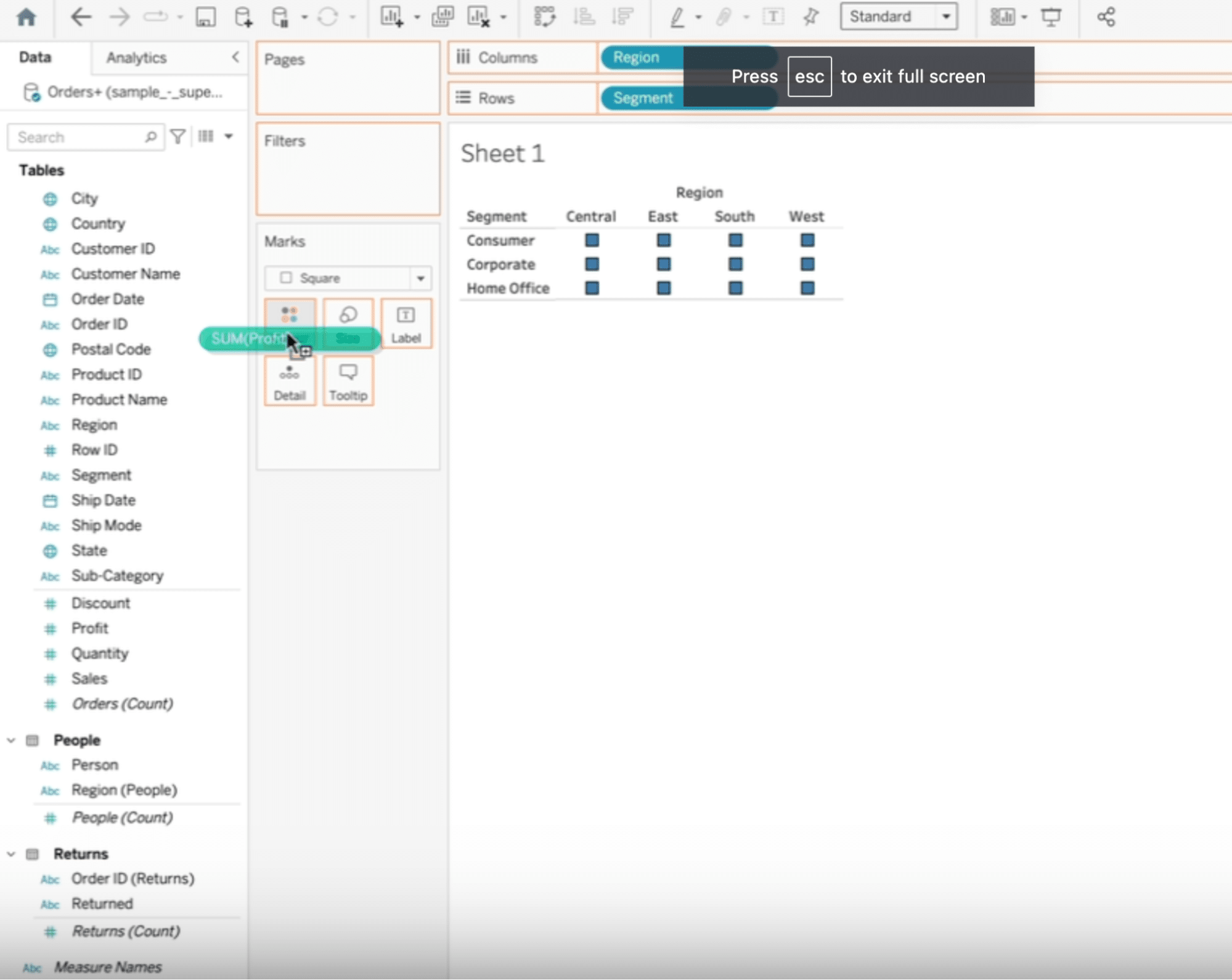 Process of dragging 'Profit' table to color section in Tableau, indicating the setup for displaying profit variability.
