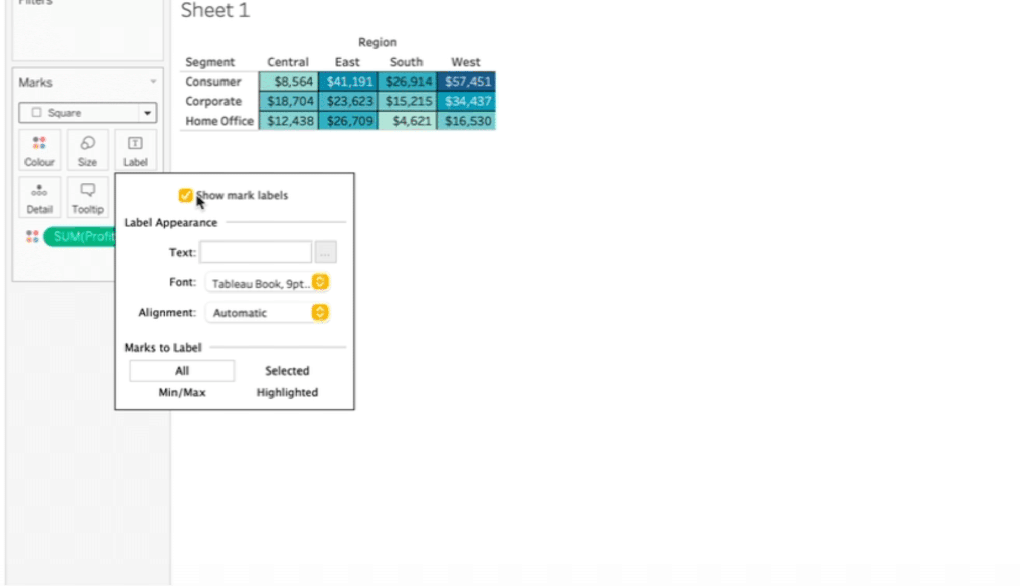 Using the 'Label' feature in Tableau to display profit figures on a heat map for enhanced data clarity.