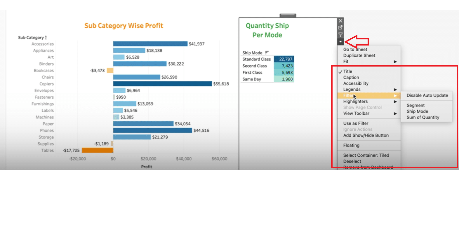 Transforming a visual into an interactive slicer in Tableau by selecting 'use as filter', facilitating direct data filtering.