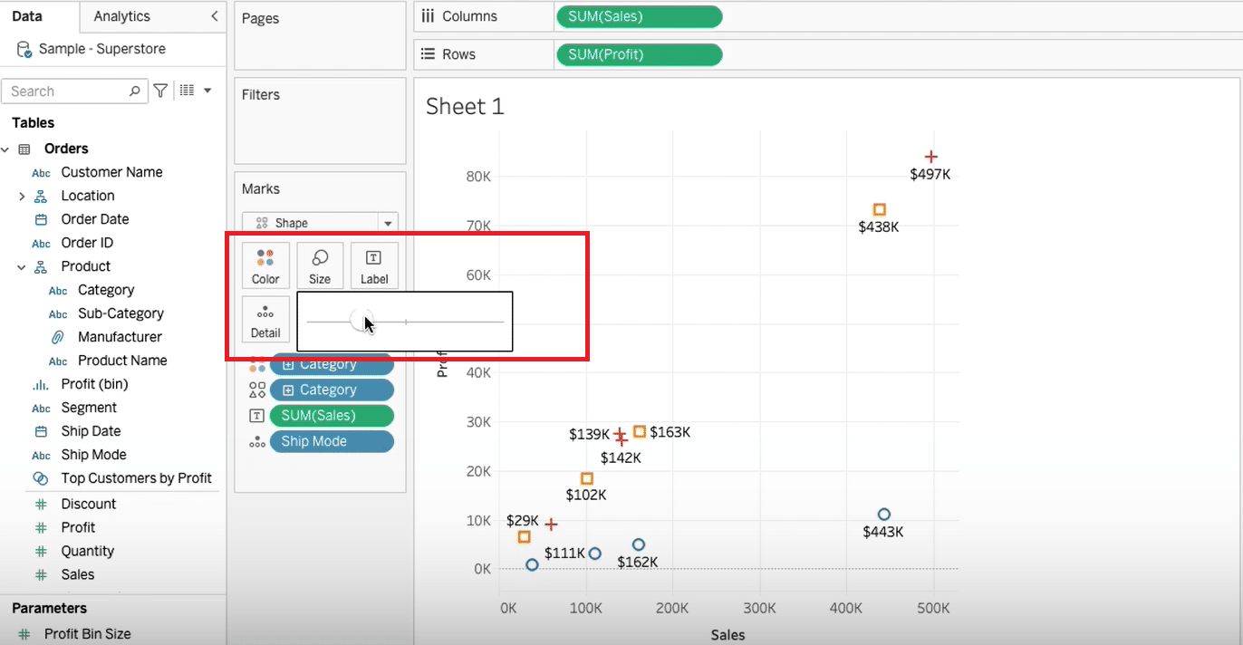 Assigning custom arrows for trend visualization in the scatter plot.