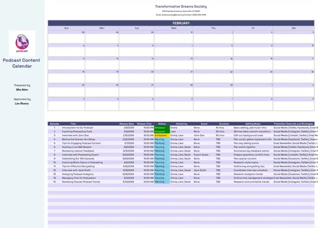 Podcast Content Calendar template