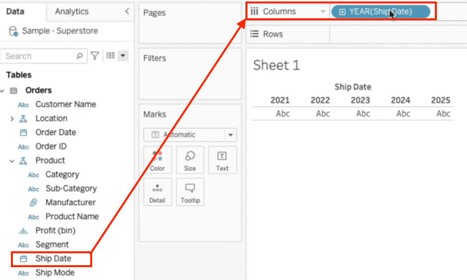 Adding the "Sales" measure to the Rows shelf.