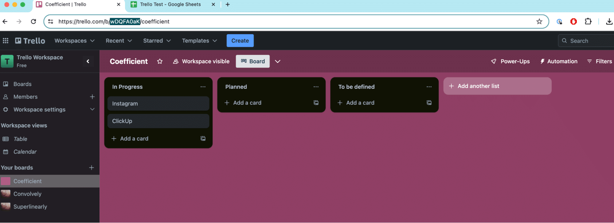 The Cards in a Board endpoint in the Coefficient sidebar for Trello in Excel.