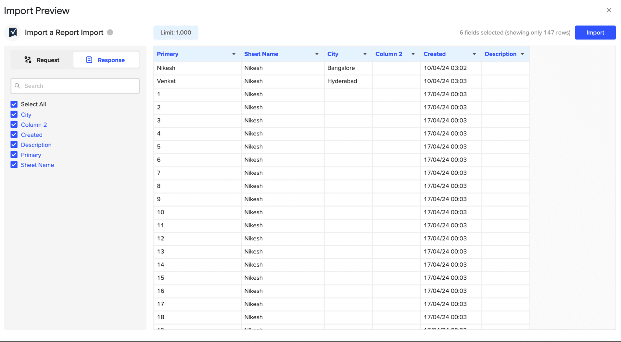 Customize your import by toggling fields and click 'Import' to fetch Smartsheet report data into Excel