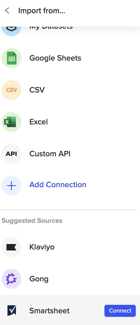 Navigate to Smartsheet in the Coefficient menu and click 'Connect'