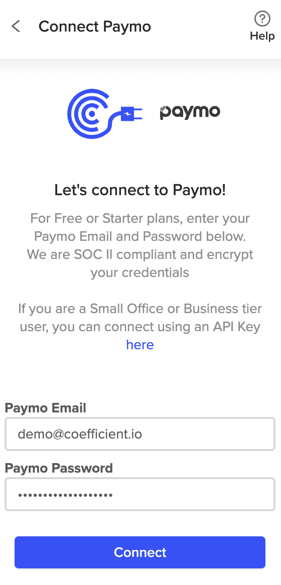 Entering login information in Coefficient for Paymo integration in Google Sheets. 