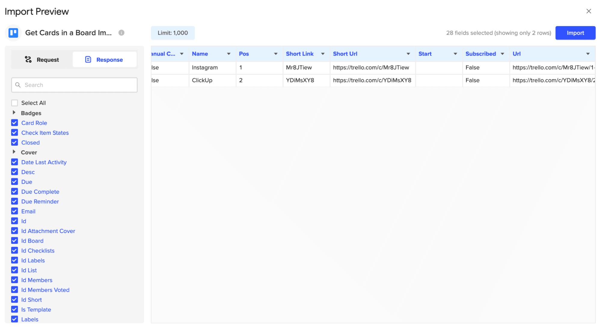 The Import button for fetching Trello cards in the Coefficient sidebar in Excel.